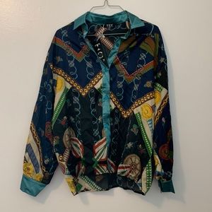 Tov Holy size 38 long sleeve button down shirt blue NWT boho